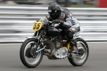 Down the Senna straight at Snetterton on the Vincent Comet